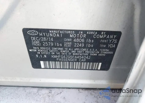 2015 Hyundai Azera из США, поврежденный, VIN KMHFG4JG5FA454042